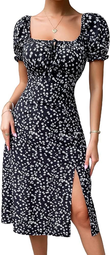 Floerns Women's Ditsy Floral Sweetheart Puff Sleeve A Line Midi Dress | Amazon (US)