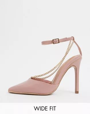ASOS DESIGN Wide Fit Priscilla pointed high heels with chain in blush | ASOS (Global)
