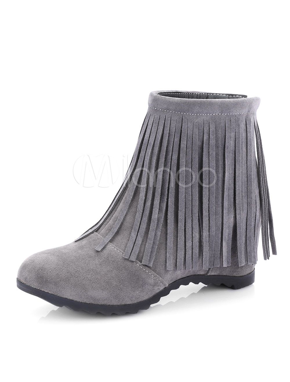 Grey Ankle Boots Suede Hidden Heel Round Toe Zip Up Booties With Fringe | Milanoo