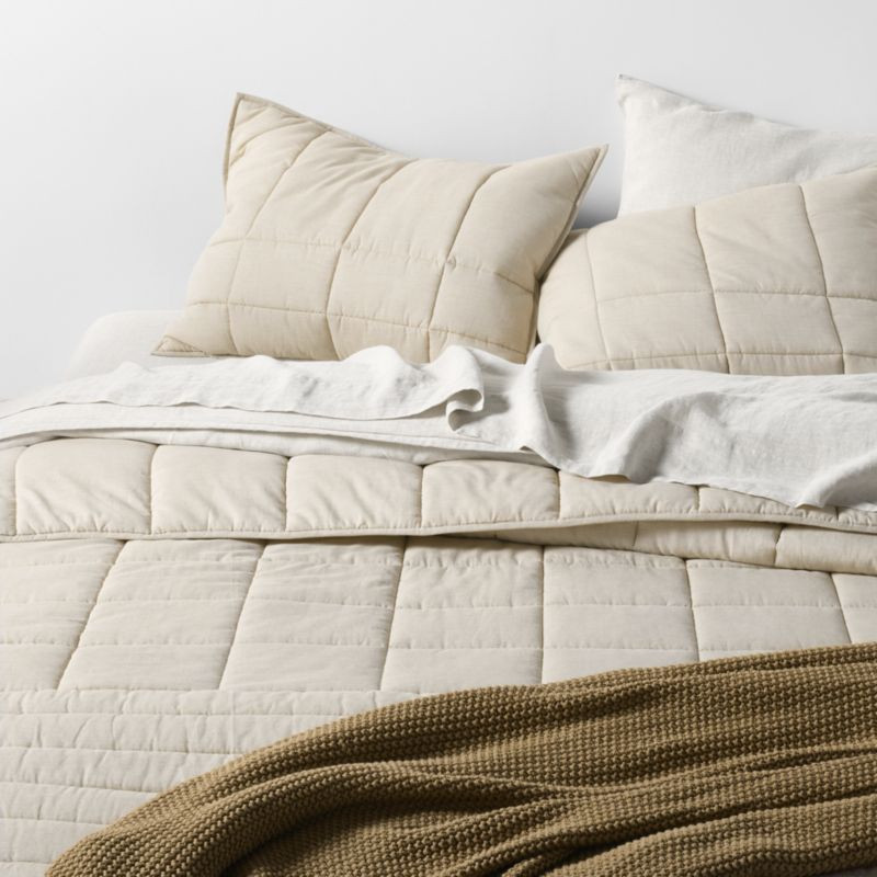 Organic Cotton Heathered Sand Beige Grid Full/Queen Comforter + Reviews | Crate & Barrel | Crate & Barrel