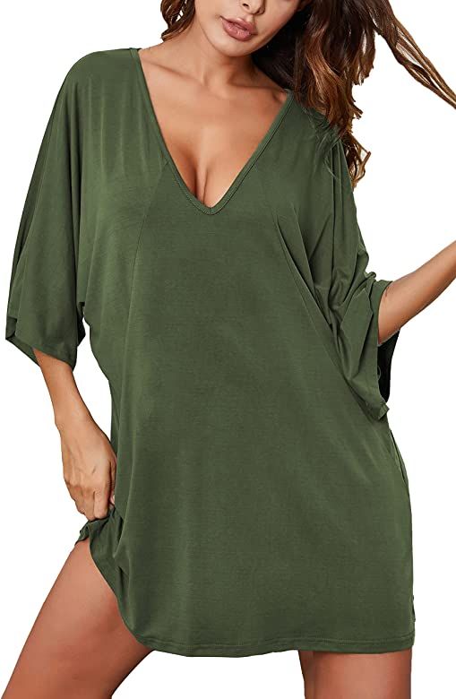 Ekouaer Women's Sleepshirt Deep V Neck Nightgown Batwing Nightshirt Oversized Sleepwear S-3XL | Amazon (US)