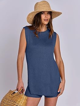 ANRABESS Women Summer 2 Piece Outfits Sleeveless Knit Sweater Top & Shorts Soft Lounge Sets Trave... | Amazon (US)