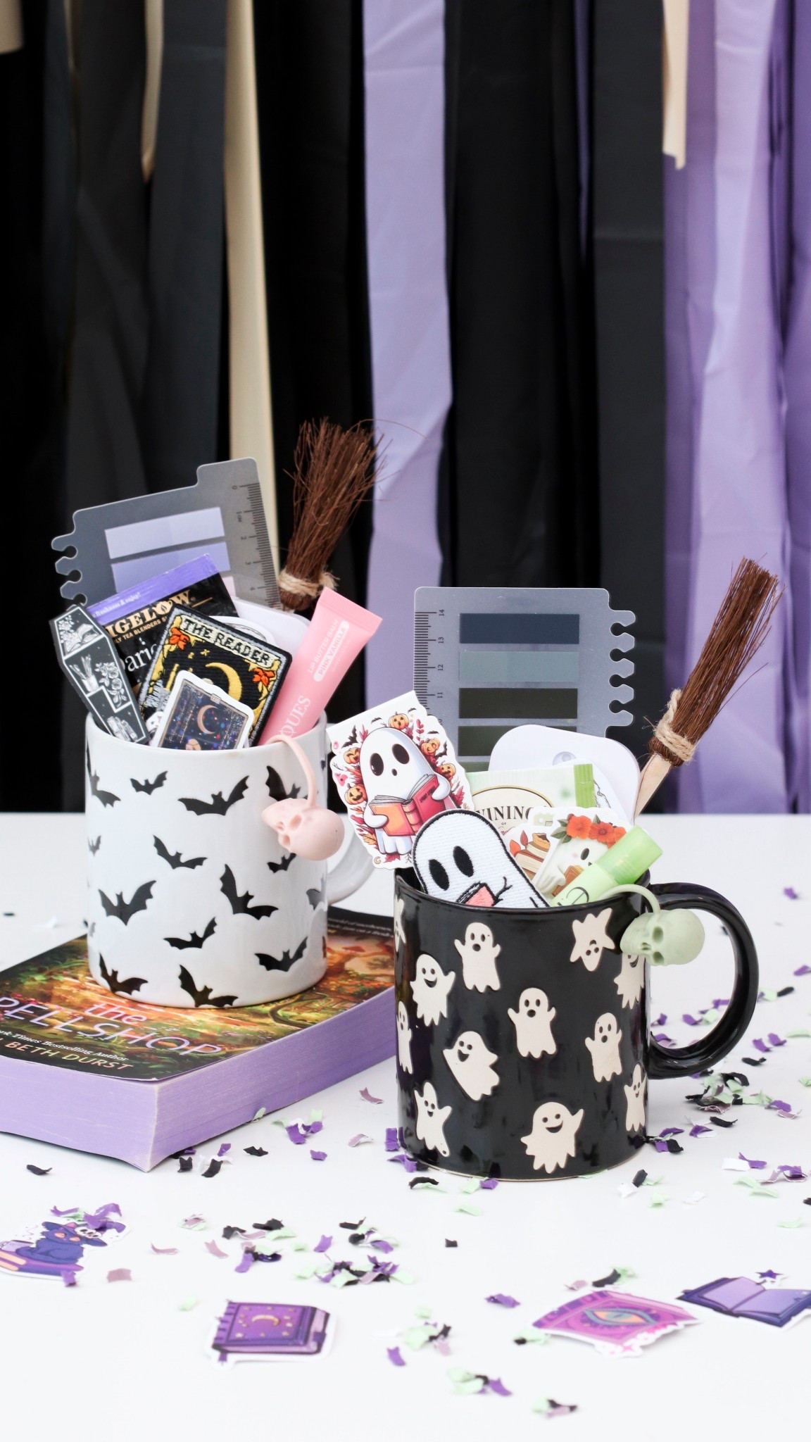 POV: your book club bestie gifts you a mug stuffed with Halloween reader treats… and the perfect book rec to sip it with.
#ltkgifts #bookclub
Dollar Tree’s new mugs are perfect for bookish Halloween gifting—one with ghosts 👻 filled with spooky-cute reader treats, the other with bats 🦇 filled with witchy tarot-themed bookish goodies. Inside each: tea, lip gloss, hand sanitizer, themed patches + stickers, witch broom pens, magnetic bookmarks, gravestone sticky notes, skull straw toppers… all the extras book girls love.

And the book I’d pair with either mug? The Spellshop—warm, enchanting, and exactly the kind of cozy fantasy that feels like Fall vibes in your hands. 🍂📖

#LTKHome #LTKSeasonal #LTKParties