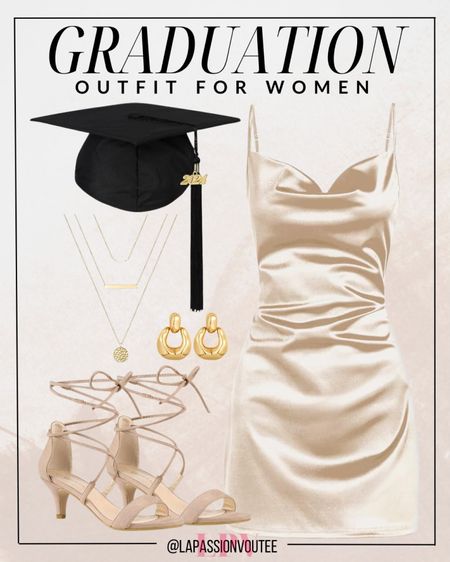 Turn heads at your graduation in this glamorous ensemble. A luxurious satin cocktail dress exudes sophistication, complemented by a layering necklace and statement dangle hoop earrings. Finish the look with kitten heel lace-up sandals, exuding elegance with every step as you celebrate your accomplishments.

#LTKSeasonal #LTKfindsunder100 #LTKstyletip