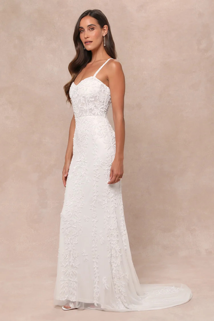 Momentous Love White Beaded Bustier Mesh Mermaid Maxi Dress | Lulus