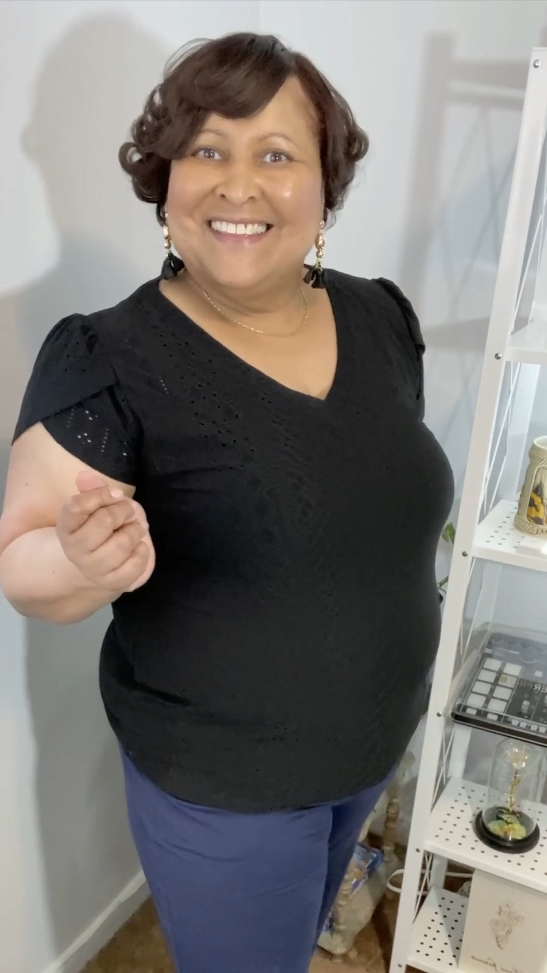 The eyelet fabric is even cuter when the design is paired with the petal sleeves! 
It’s like a little peek-a-boo for your arms. 

This one comes in all the colors you need to top off your spring outfits. I have on soze 2x and it is true to size. 

Will you wear a cami under this or simply choose a black bra?

#LTKootd #LTKSeasonal #LTKPlusSize