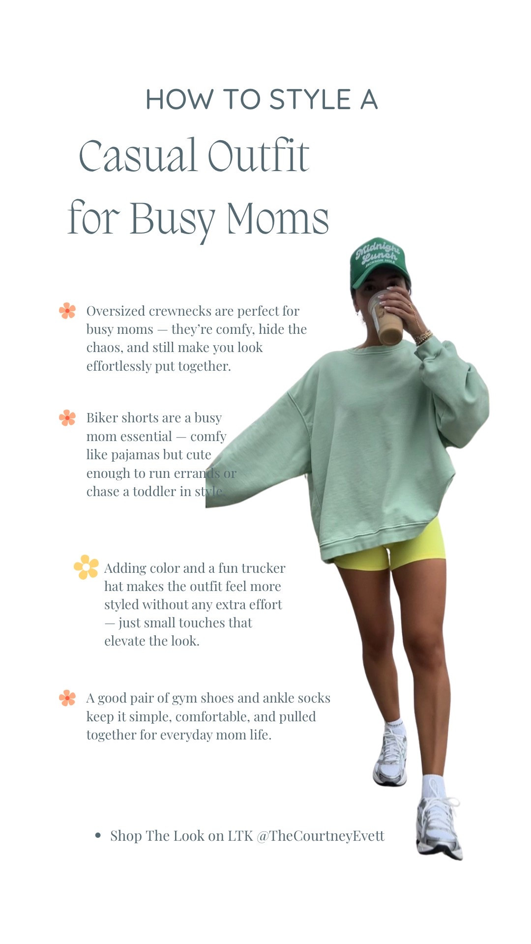 Casual mom outfit idea featuring an oversized crewneck, black biker shorts, comfy gym sneakers, ankle socks, and a trendy trucker hat. This everyday mom look is perfect for running errands, staying comfortable, and feeling stylish on the go. Shop the full outfit below!

#LTKSummerEdit #LTKActive #LTKStyleTip