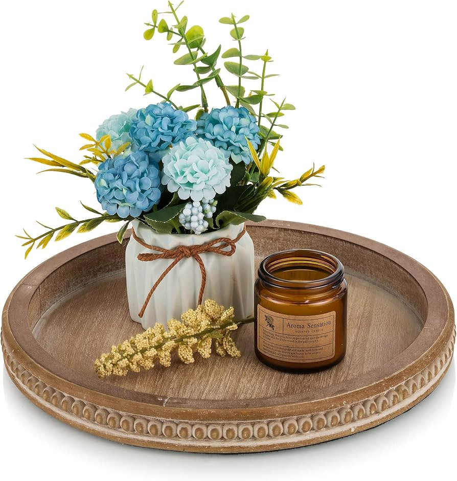 Hanobe Decorative Serving Tray Round: Brown Beaded Trays for Coffee Table Rustic Wooden Candle Ho... | Amazon (US)