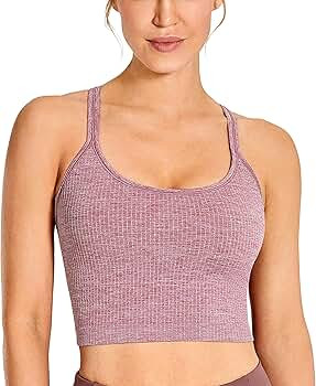 CRZ YOGA Women's Longline Seamless Ribbed Sports Bra Padded Wireless Racerback Yoga Bras Crop Tan... | Amazon (US)