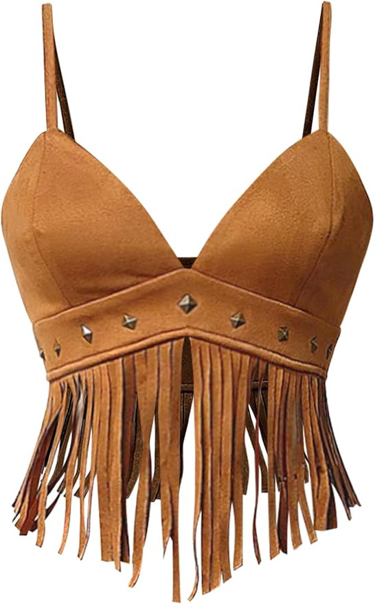 OYOANGLE Women's Y2K Fringe Sleeveless Spaghetti Strap Faux Suede Vintage Hippie Crop Top Blouse | Amazon (US)