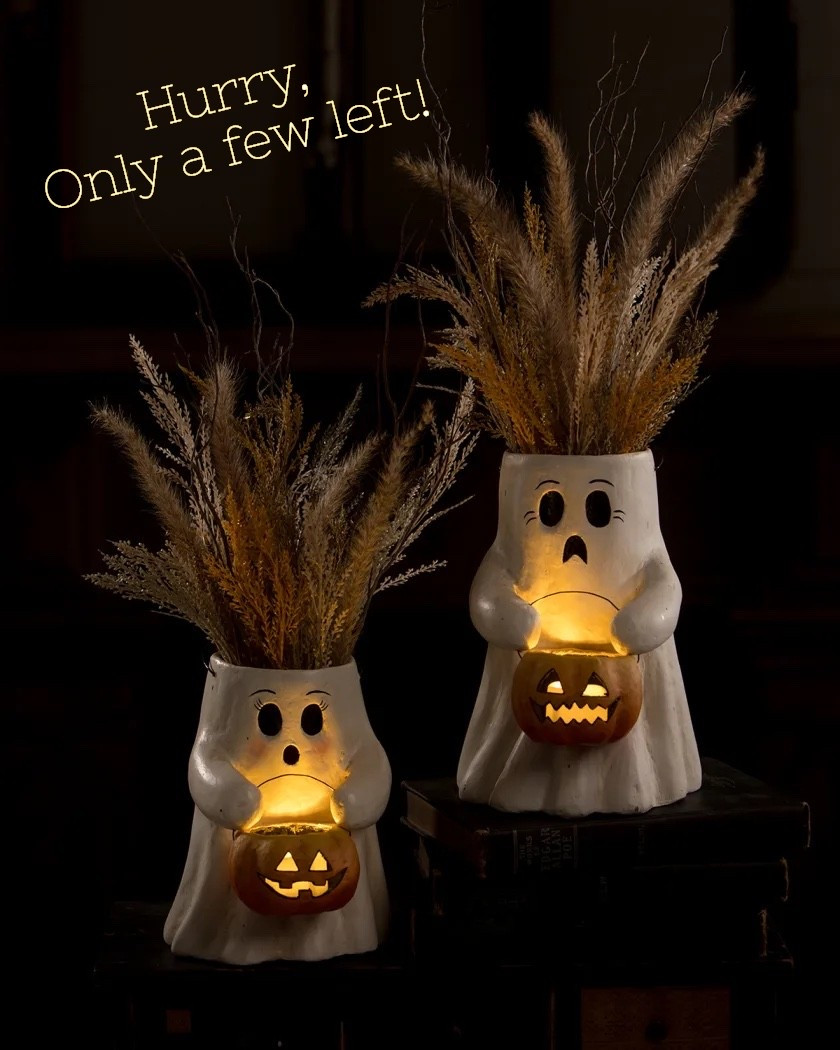 Hurry, these sweet ghosts are almost gone! 🖤👻 Sweet Boo trick-or-treat ghosts with pumpkin bucket are perfect to display fall leaves, stems or feathers with a glowing tea light candle for a magical Halloween display. 

#LTKSeasonal #LTKHome