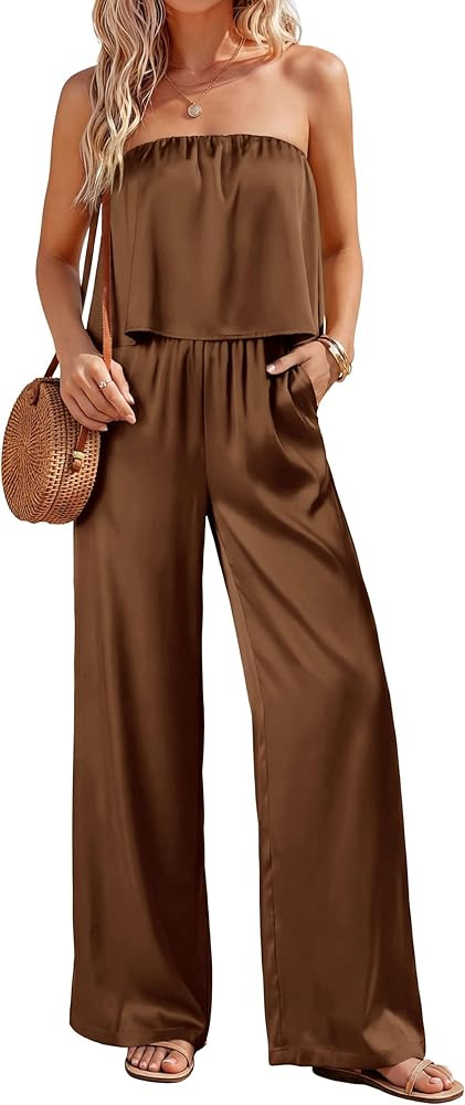 KIRUNDO Jumpsuits For Women Dressy 2026 Summer Satin Strapless Romper Flowy Tube Top Spring One P... | Amazon (US)