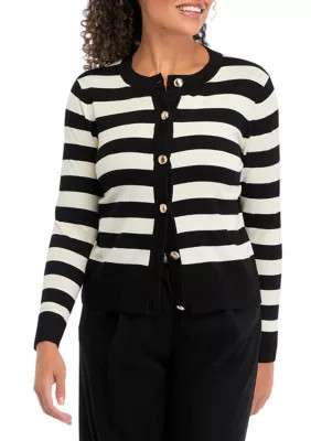 cable & gauge Women's Petite Striped Cropped Cardigan, Black, PS | Belk