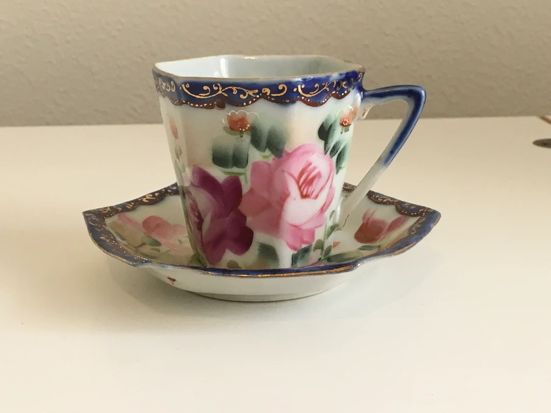 TE OH Hand Painted Nippon Cobalt Blue and Roses Teacup and Saucer - Etsy | Etsy (US)