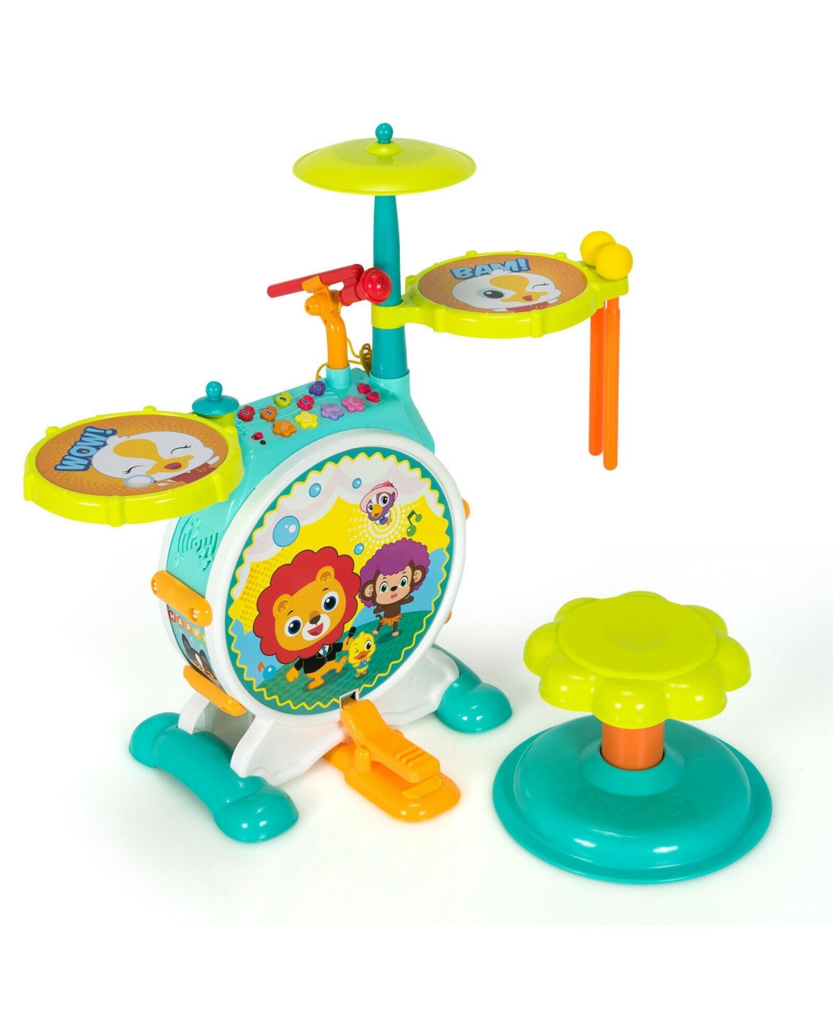 3 Pieces Electric Kids Drum Set with Microphone Stool Pedal - Green | Macy's