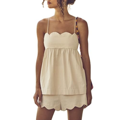 Women 2 Piece Casual Lounge Set Sleeveless Strappy Tie Back Cami Top Wide Leg Shorts 2Pcs Summer Pj Set Beachwear (Yellow, M) | Amazon (US)