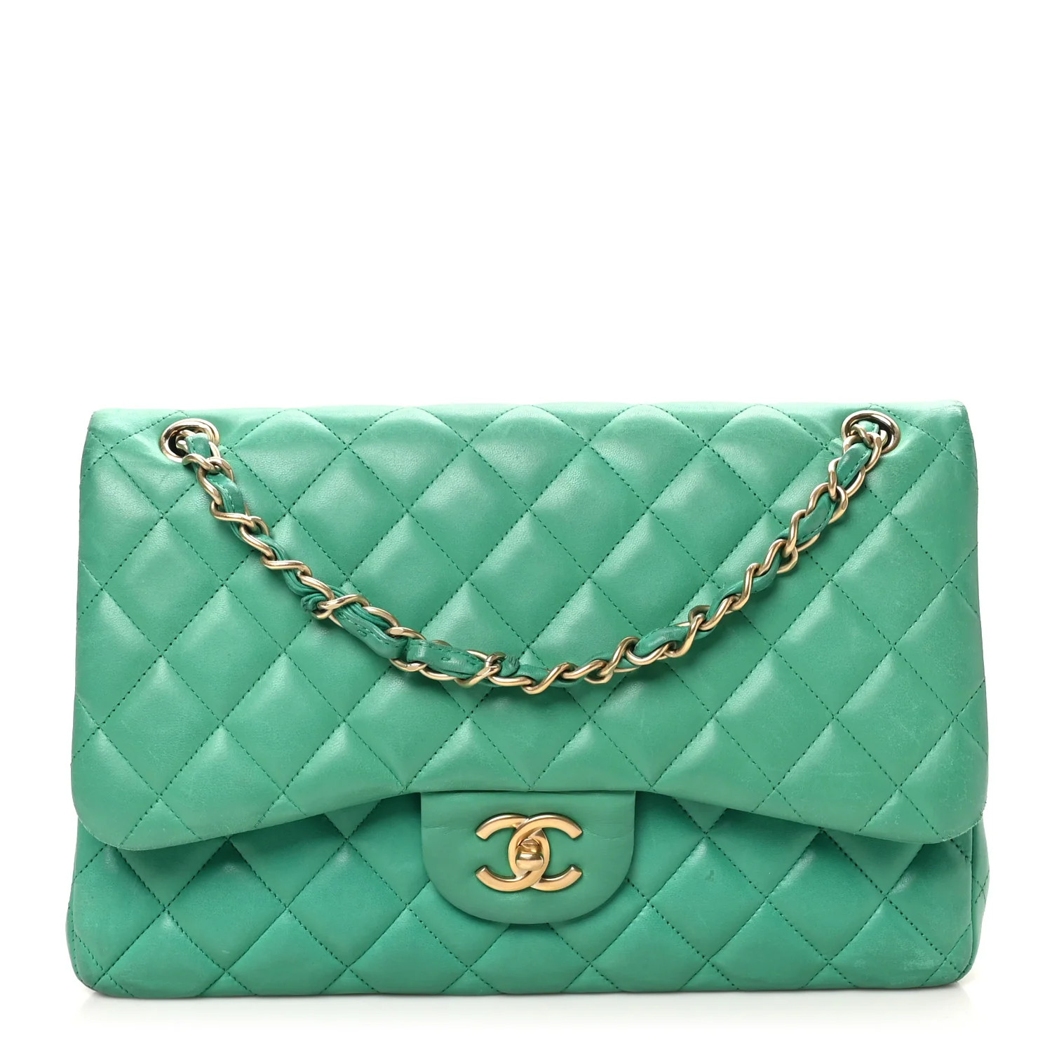 Lambskin Quilted Jumbo Double Flap Green | FASHIONPHILE (US)