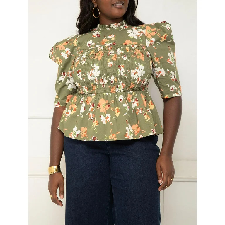 ELOQUII Elements Women's Plus Size Smocked-Bodice Peplum Top | Walmart (US)