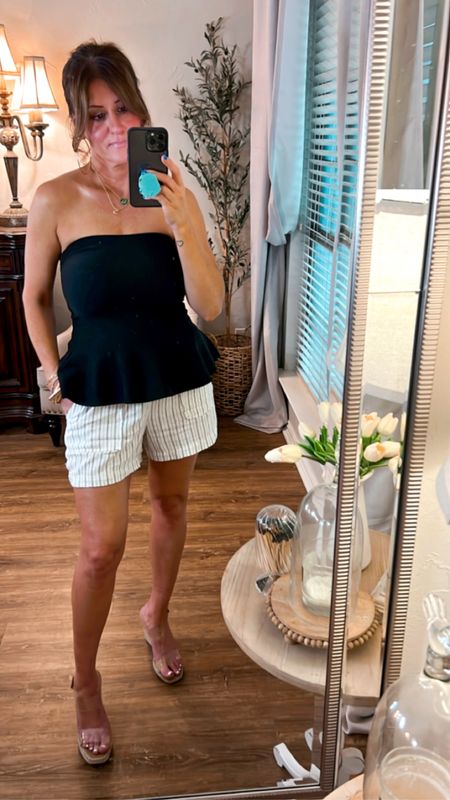 Walmart peplum top and linen shorts.  Top, wearing size small.  Shorts, wearing size XS  

#LTKstyletip #LTKfindsunder50 #LTKover40