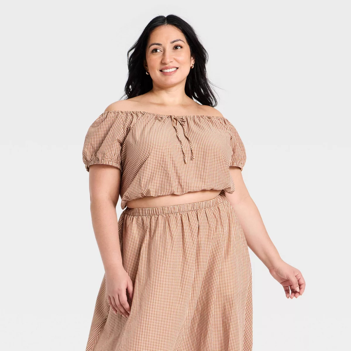 Women's Short Puff Sleeve Tie Top -  A New Day™ Brown Gingham XXL | Target