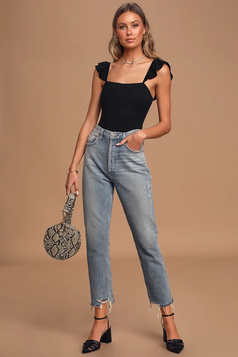 Repeat After Me Black Sleeveless Ruffled Bodysuit | Lulus (US)