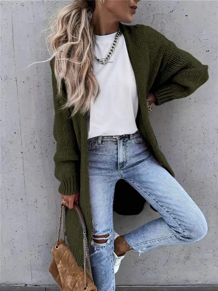 SHEIN LUNE Women's Solid Color Dolman Long Sleeve Knit Cardigan Sweater | SHEIN