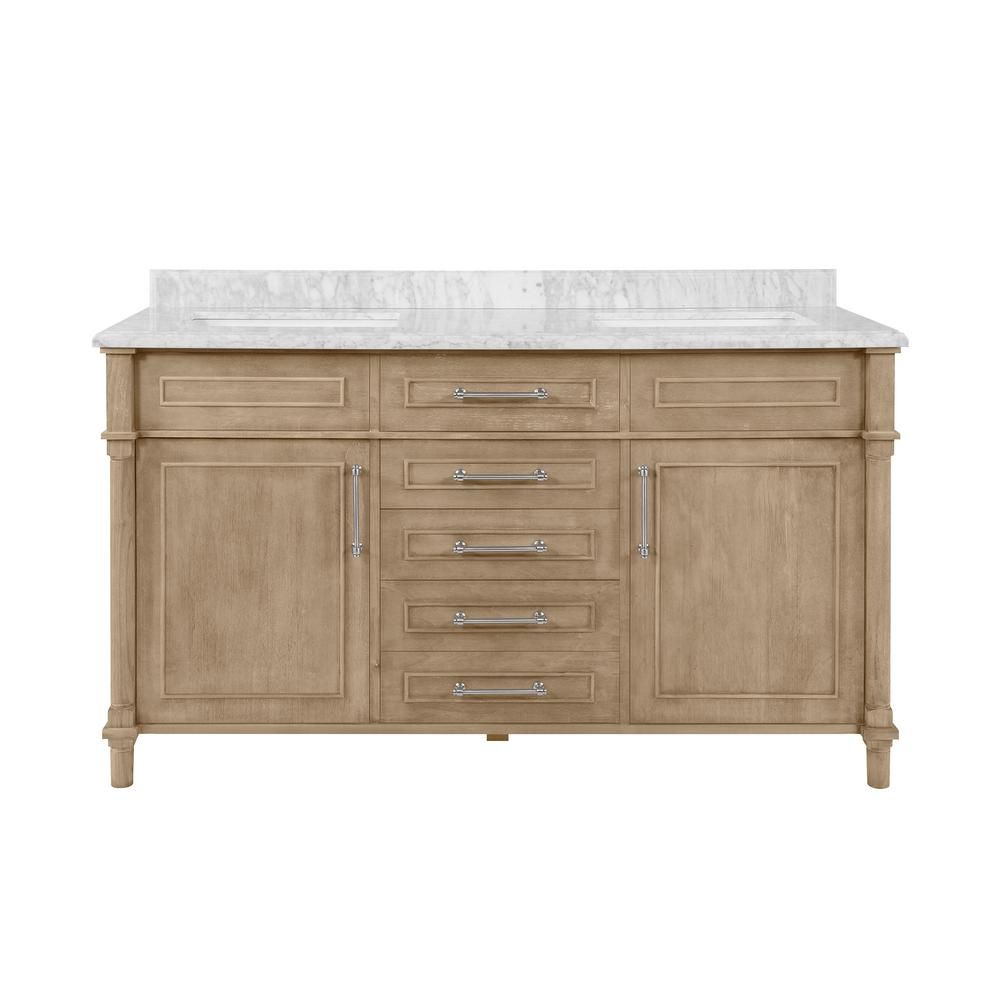 Home Decorators Collection Aberdeen 60 in. x 22 in. D Bath Vanity in Antique Oak with Carrara Mar... | The Home Depot