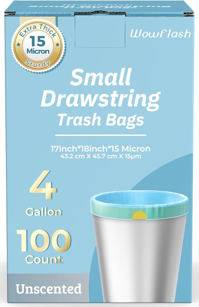 100 Count 15 Micron Extra Thick 4 Gallon Drawstring Small Trash Bags | Amazon (US)