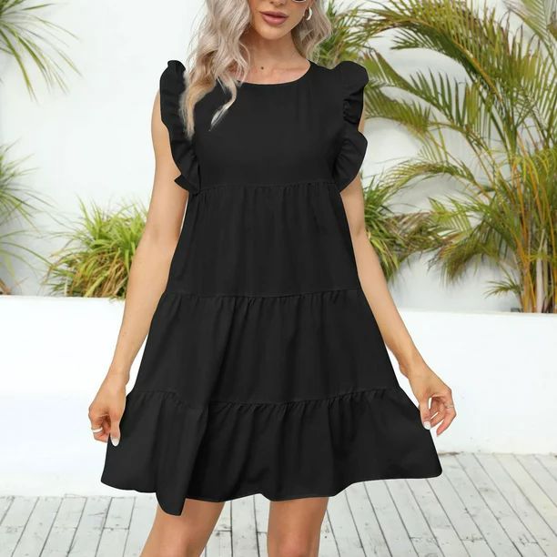 Gotyou Summer Dress Women's Round Neck Casual Short Sleeve Ruffle-Trim Summer Mini Dresses Black/... | Walmart (US)