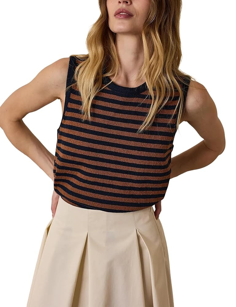 Hongsui Women's Striped Color Block Sweater Vest Ribbed Knit Tank Tops Oversized Crewneck Pullove... | Amazon (US)