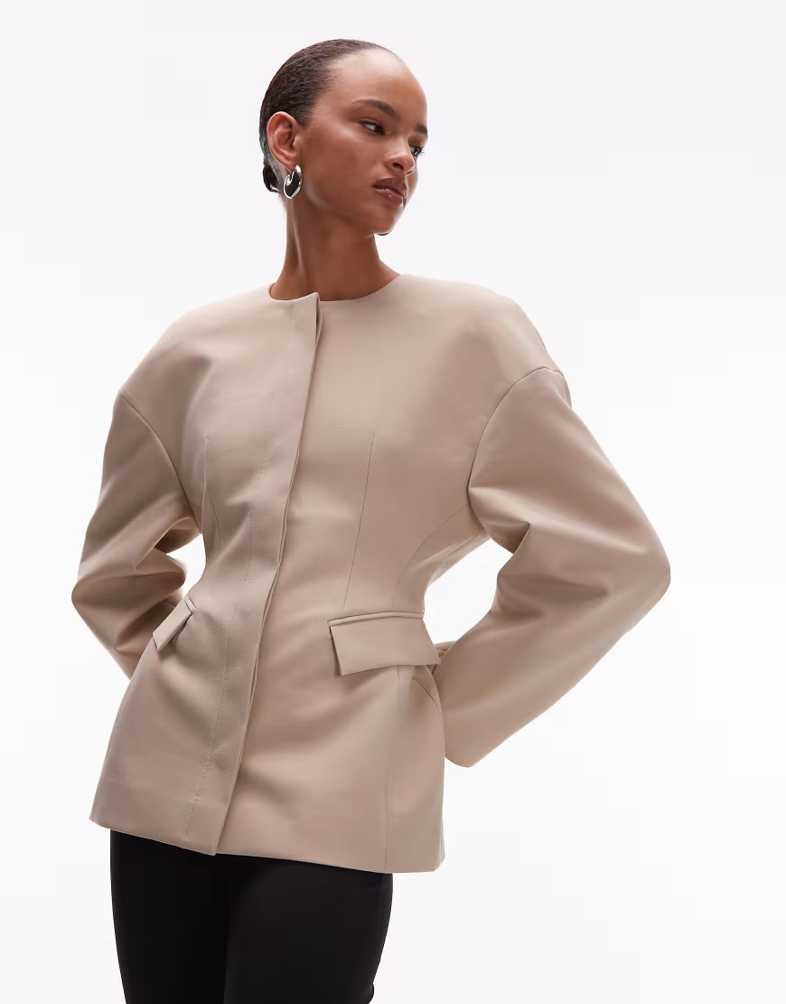 ASOS DESIGN sculpted collarless blazer in camel-Neutral | ASOS (Global)
