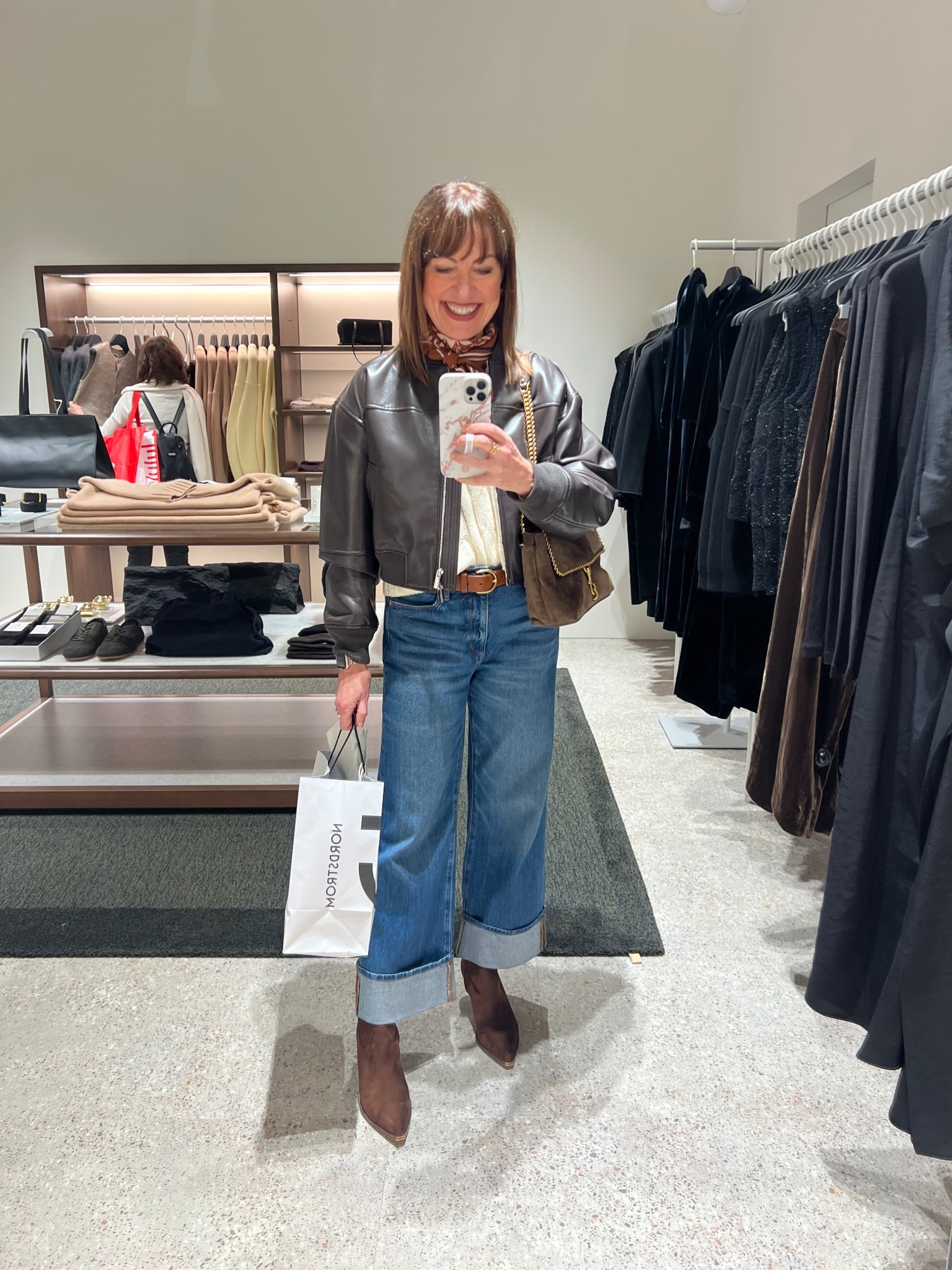 Shopping OOTD! 

Aritzia faux leather bomber, evereve, neck scarf, cuffed jeans, Dolce Vita, brown sock booties

#LTKootd #LTKOver40 #LTKgrwm