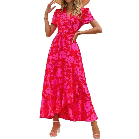 PRETTYGARDEN Women's Summer Wrap Maxi Dress Casual Boho Floral V Neck Short Sleeve Ruffle Hem Spl... | Walmart (US)