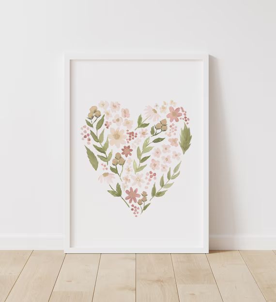 Watercolor Heart Print, Floral Nursery Decor, Girls Room Decor, PRINTABLE Wall Art, Floral Heart,... | Etsy (US)