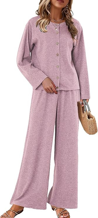 Vidifid Women's Pajama Set Button Front Long Sleeve Shirt Wide Leg Pants Soft 2 Piece Outfits Lou... | Amazon (US)