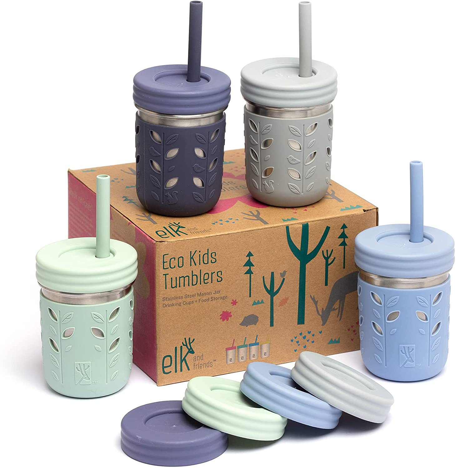 Elk and Friends Stainless Steel Cups | Mason Jar 10oz | Kids & Toddler Cups with Silicone Sleeves... | Amazon (US)