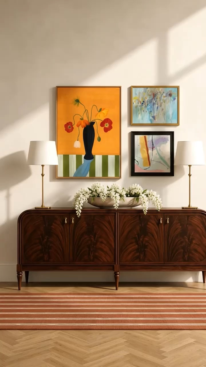 Monday entryway inspiration ✨

A rich wood sideboard, a layered gallery wall, elegant buffet lamps, a soft cascading flower arrangement, and a warm striped runner create an entry that feels collected, artistic, and timeless.

I love the mix of classic furniture with colorful modern artwork—it gives the space so much personality while still feeling polished and welcoming.

#EntrywayDecor #EntrywayDesign #Sideboard #BuffetLamp #Artwork #GalleryWall #FlowerArrangement #Runner #ModernClassic #InteriorDesign #HomeDecor #MondayInspiration

#LTKxMadewell #LTKHome #LTKSaleAlert