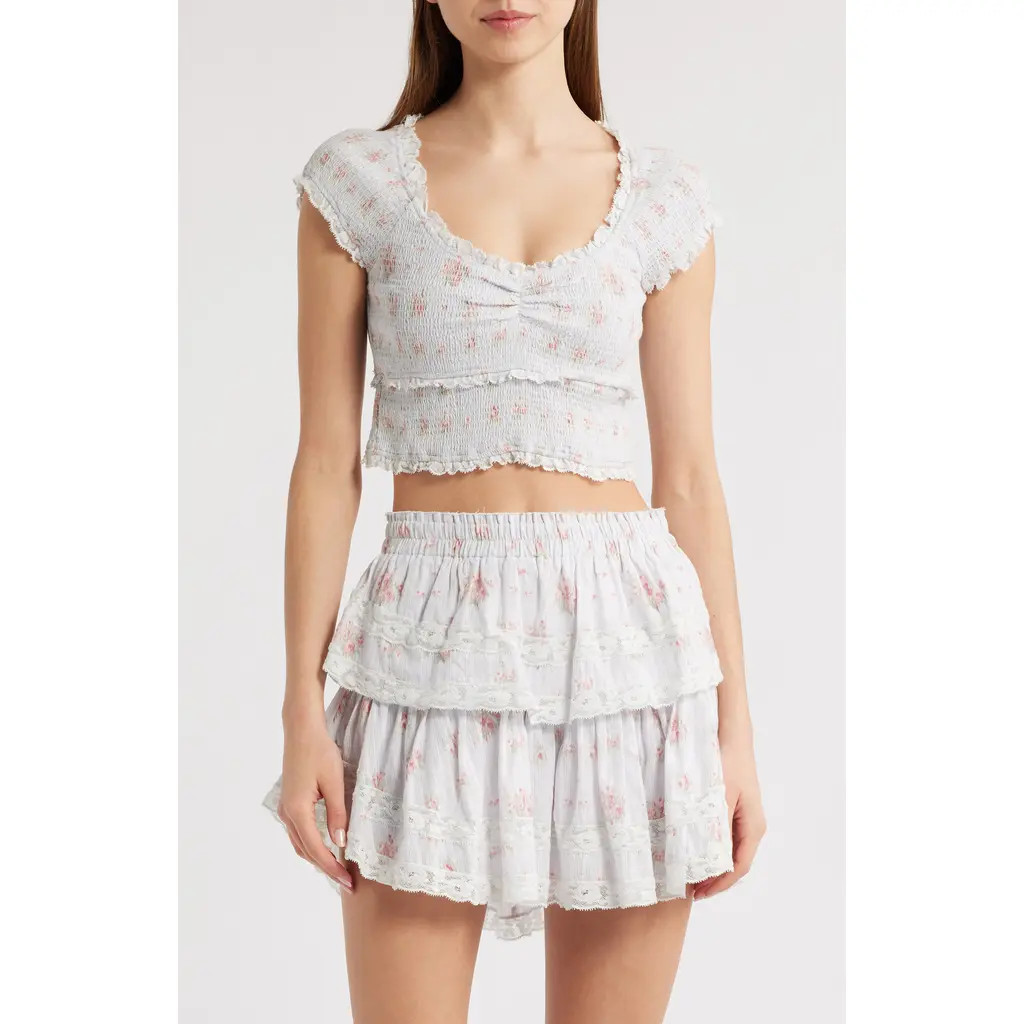 LoveShackFancy Cambron Lace Smocked Crop Top in Skylight Blue at Nordstrom, Size X-Small | Nordstrom