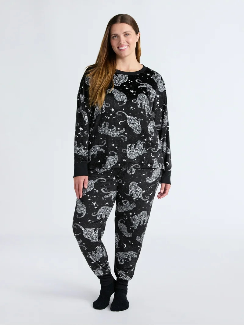 Joyspun Women’s Stretch Velour Long Sleeve Top, Pants, and Socks Pajama Set, 3-Piece, Sizes XS-... | Walmart (US)