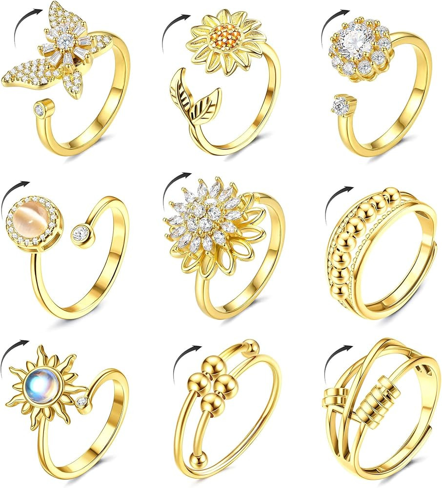 MILACOLATO 14K Gold Plated Fidget Ring for Women Adjustable Anxiety Rings Open CZ Butterfly Sunfl... | Amazon (US)
