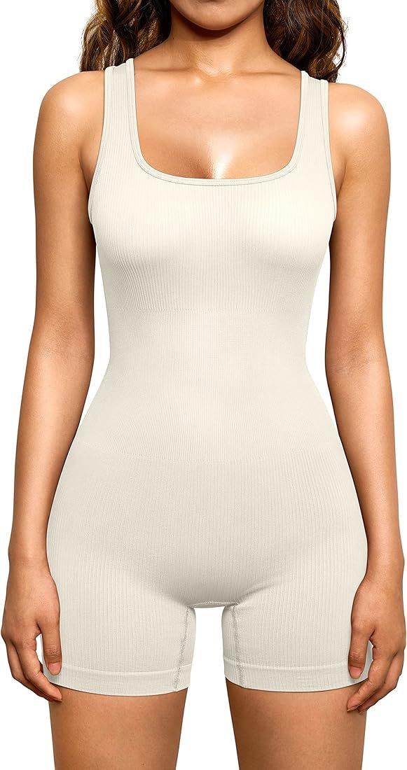 OQQ Women's Yoga Rompers One Piece Ribbed Square Neck Exercise Tank Tops Romper | Amazon (US)