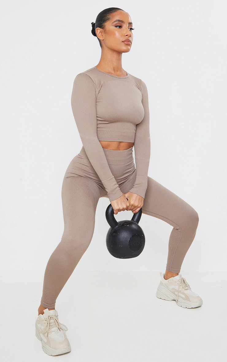 Taupe Seamless Rib Detail Gym Leggings | PrettyLittleThing US