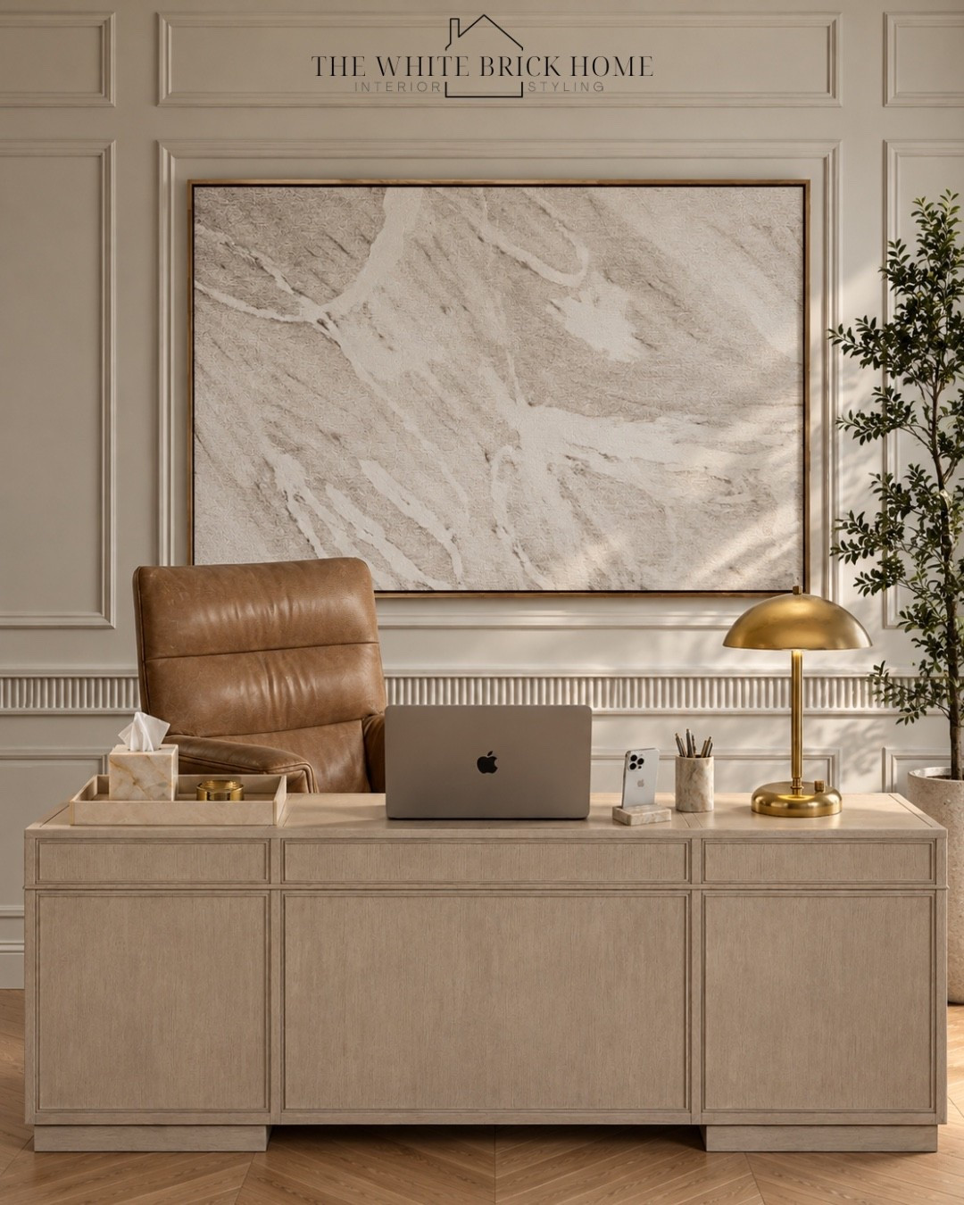 A beautiful piece of wall art that blends with natural wood tones and a beautiful leather chair. 

Office, home office, home office furniture, desk chair, desk, wayfair, pottery barn