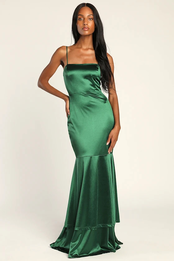 Contemporary Romance Emerald Satin Tiered Mermaid Maxi Dress | Lulus (US)