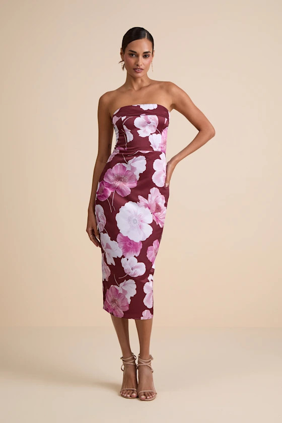 Oriana Burgundy Floral Satin Strapless Midi Dress | Lulus