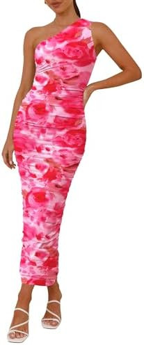 PRETTYGARDEN Women's One Shoulder Bodycon Dresses Summer 2026 Ruched Floral Beach Cocktail Weddin... | Amazon (US)