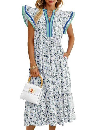 Wenrine Womens Summer Floral Midi Dresses Ruffle Cap Sleeve V Neck Flowy Boho Casual Beach Vacati... | Amazon (US)