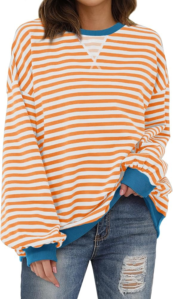 XIEERDUO Womens Crewneck Oversized Sweatshirt Striped Color Block Tops Long Sleeve Shirts Pullove... | Amazon (US)