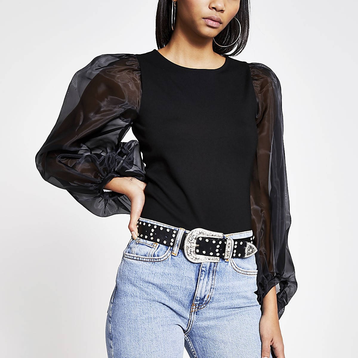 Black long organza puff sleeve top | River Island (UK & IE)
