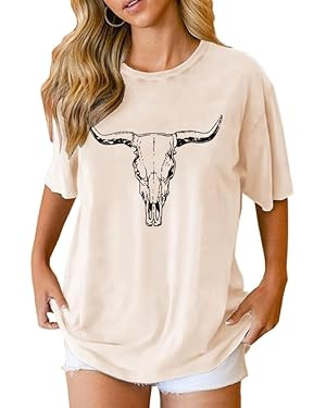 Boho Cow Skull Shirt Women Cowgirl t Shirt Vintage Western Rodeo Graphic Tee Short Sleeve Bull Sk... | Amazon (US)
